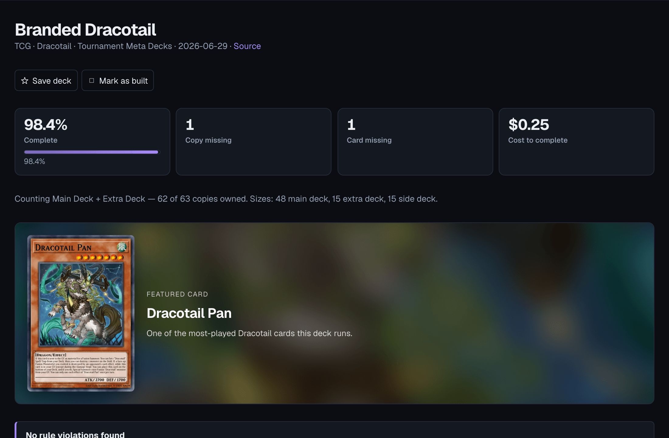 A deck page: how much of the deck you own, the cards still to buy, and what they cost.