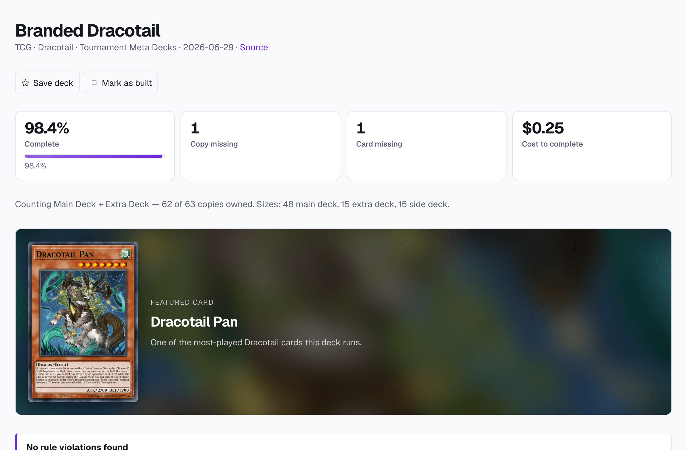 A deck page: how much of the deck you own, the cards still to buy, and what they cost.